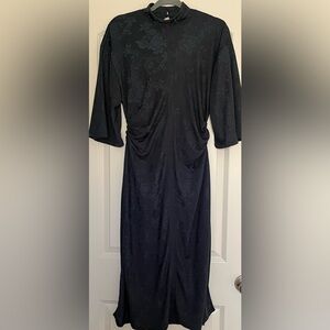 Zara Navy Blue Floral Jacquard Kimono Style Midi Dress Ruched Sides Sz M NWT